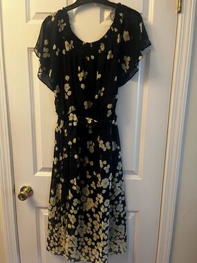 Navy Blue Floral Midi Dress with Yellow Blossom Print